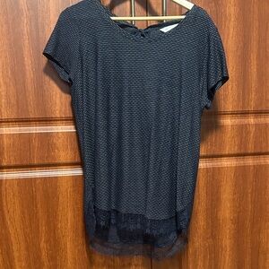 LC Lauren Conrad Dark Navy Striped Short Sleeve Tunic with Lace Hem Detail NWOT